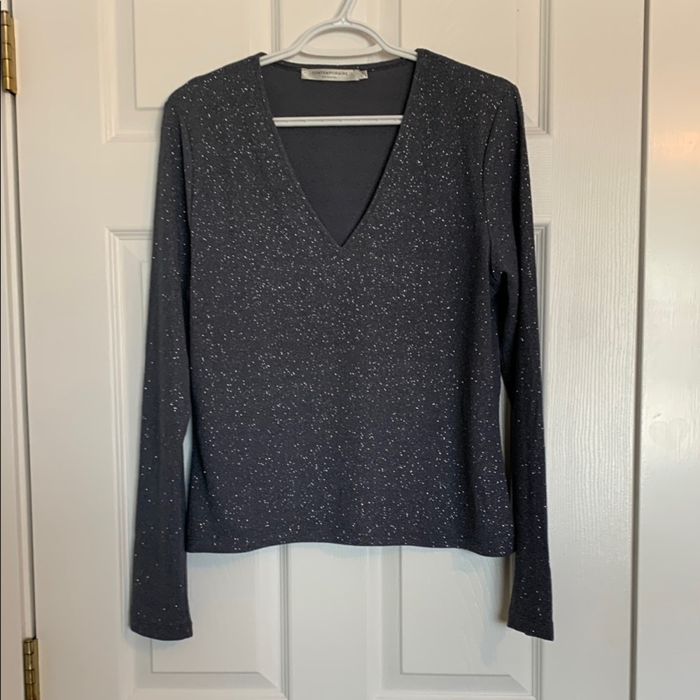 Contemporaine Medium Gray V-Neck Sparkly Top